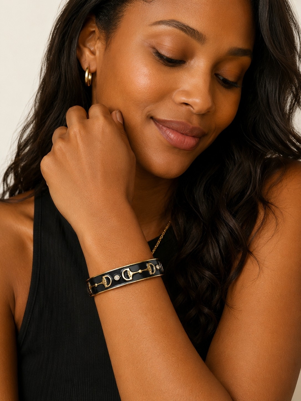 Gold-Tone Black Enamel Horse Bit Design Clamper Bangle